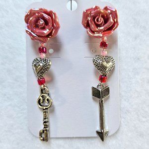J32 Handmade Roses, Silver Hearts Valentines Dangle Earrings with Lock, Arrow